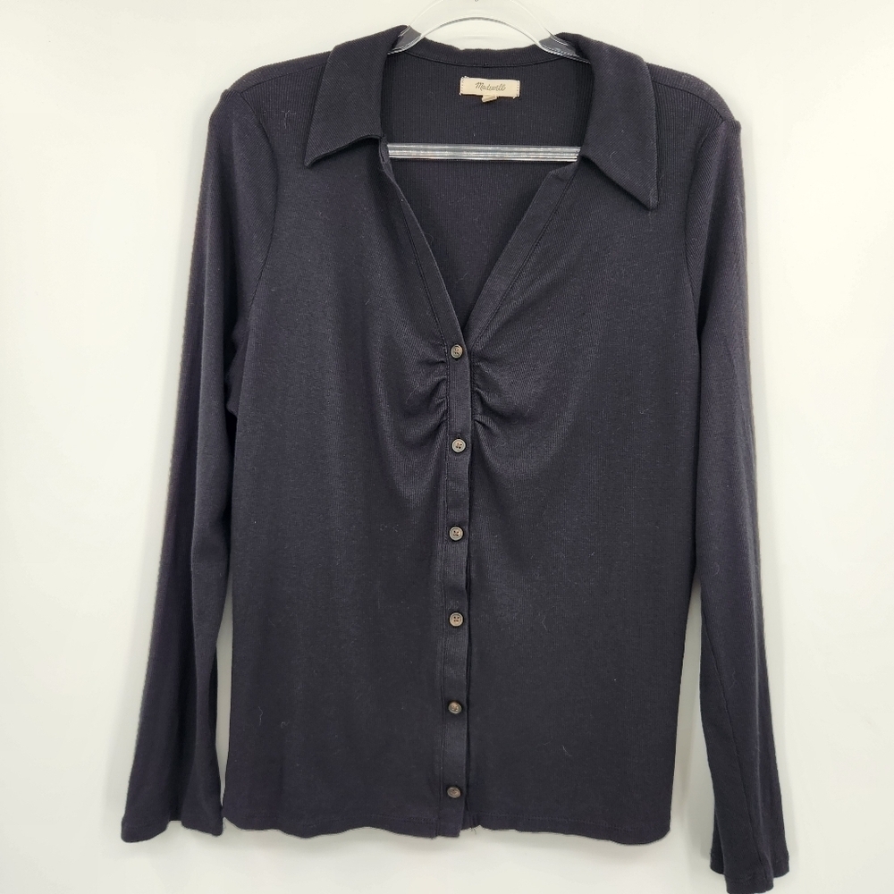 Madewell Ruched Polo Cardigan Womens Size 1X Black Ribbed Long Sleeve Button Up